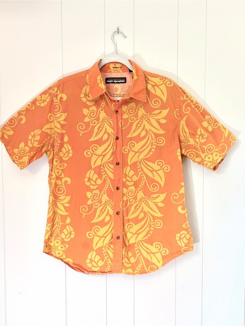 Reyn Spooner Orange Floral Hawaiian Button Down Shirt 100% Cotton Men’s L